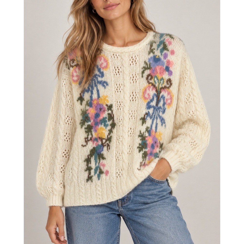 Vtg Talbots Chunky Cream Hand Knit Mohair Floral Fuzzy Pointelle Sweater Cream M